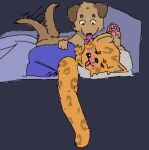 ambiguous_breed anthro bdsm bearcopper blush canid canine canis cheetah cheetah_spots clothed clothing domestic_dog doofy_(bearcopper) duo eyes_closed felid feline floppy_ears flustered holding_partner kek_(bearcopper) licking lying male male/male mammal paws petplay puppyboy puppyplay purple_clothing purple_shirt purple_topwear raised_paw roleplay shirt tail tail_motion tailwag tongue topwear waking_up