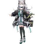  1girl ahoge animal_ears arknights black_coat black_collar black_jacket black_ribbon black_thighhighs blue_eyes boots cat_ears cat_girl cat_tail closed_mouth coat collar collarbone dress full_body grey_hair hair_ribbon holding infection_monitor_(arknights) jacket long_hair long_sleeves looking_at_viewer mint_(arknights) nuudoru official_art open_clothes open_coat open_jacket ribbon shoes solo standing tachi-e tail thighhighs third-party_source transparent_background white_dress white_shoes zettai_ryouiki 