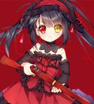  asymmetrical_hair bangs black_hair blush closed_mouth date_a_live detached_sleeves dress eyebrows_visible_through_hair frilled_hairband frills gothic_lolita gun hair_between_eyes hairband heterochromia holding holding_gun holding_weapon lolita_fashion lolita_hairband long_sleeves looking_at_viewer musket red_background red_dress red_eyes red_hairband rifle simple_background solo strapless strapless_dress tengxiang_lingnai tokisaki_kurumi twintails uneven_twintails v-shaped_eyebrows weapon yellow_eyes younger 