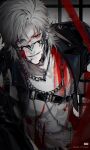  1boy abs absurdres adam's_apple aegyo_sal ambiguous_red_liquid asymmetrical_clothes bare_pectorals black_jacket body_markings chain chain_necklace collarbone evil_smile eyes_visible_through_hair hair_over_one_eye highres jacket jewelry leather leather_jacket looking_at_viewer love_and_deepspace male_focus medium_hair monochrome muzzle_(mask) necklace nipples open_clothes open_jacket parted_bangs parted_lips partially_colored pectorals red_eyes sayahime smile solo sylus_(love_and_deepspace) sylus_(tartarus)_(love_and_deepspace) toned toned_male upper_body wolf_cut 