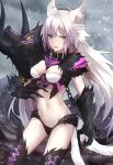  agrius_metamorphosis ahoge animal_ears atalanta_(alter)_(fate) atalanta_(fate) bangs belt_collar black_collar black_panties braid breasts chain claws cloud day eyebrows_visible_through_hair fang fate/grand_order fate_(series) floating_hair french_braid fur gradient_hair green_eyes grey_sky groin hair_between_eyes hand_up highres long_hair looking_at_another looking_at_viewer multicolored_hair navel open_mouth outdoors pale_skin panties pink_hair shiguru shiny shiny_hair sidelocks silver_hair slit_pupils small_breasts snowing stalagmite standing stomach tail tsurime underwear very_long_hair white_hair wind yellow_sclera 