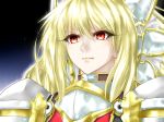  armor blonde_hair breastplate closed_mouth commentary_request eyebrows_visible_through_hair eyelashes frown highres minarai_tenna original pauldrons plate_armor red_eyes solo v-shaped_eyebrows 
