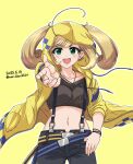  1girl ahoge belt black_pants blonde_hair bracelet breasts commentary_request cowboy_shot crop_top dated earrings green_eyes hair_through_hood hand_in_pocket highres hood hoodie idolmaster idolmaster_cinderella_girls jewelry medium_breasts midriff multiple_earrings navel necklace norigurin open_fly pants reaching reaching_towards_viewer sato_shin sleeves_pushed_up solo suspenders twintails twitter_username yellow_background yellow_belt yellow_hoodie 