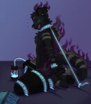 anthro bdsm bent_leg binder_(restraint) bioluminescence black_body black_fur bodily_fluids bondage book bound claws clenched_teeth collar cuff_(restraint) cum dark_body dark_fur ear_piercing eclipse_(eclipse_the_panther) facial_piercing felid fur genital_fluids glowing glowing_collar glowing_cum glowing_eyes glowing_leash grey_markings hybrid jewelry leash long_tail machine male mammal markings milking_machine nose_piercing nose_ring pantherine pawpads penile penis_milking piercing purple_markings restraints ring_piercing runes self-bondage septum_piercing septum_ring simple_background skylardoodles solo spread_legs spreading striped_markings striped_tail stripes tail tail_markings teeth unusual_bodily_fluids unusual_cum unusual_genital_fluids wraith
