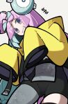  1girl blue_hair bow-shaped_hair character_hair_ornament commentary fake_hair_bun grey_pantyhose grin hair_ornament hexagon_print highres iono_(pokemon) jacket long_hair min_lona multicolored_hair oversized_clothes pantyhose pink_hair pokemon pokemon_scarlet_and_violet sharp_teeth single_leg_pantyhose sleeves_past_fingers sleeves_past_wrists smile solo split-color_hair teeth x_(symbol) yellow_jacket 