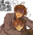  2boys ahoge axis_powers_hetalia bapnx88796 black_shirt brothers brown_coat brown_eyes brown_gloves brown_hair brown_jacket closed_eyes coat collared_shirt cropped_torso derivative_work from_behind gloves hair_between_eyes hand_on_another's_back hand_on_another's_head highres hug jacket lapels long_sleeves looking_at_viewer male_focus messy_hair multiple_boys northern_italy_(hetalia) official_alternate_costume open_clothes open_coat open_mouth orange_hair scared screenshot_redraw shirt short_hair siblings simple_background southern_italy_(hetalia) sweat teeth tongue trembling twins white_background 