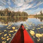  blue_sky canoe cloud cloudy_sky day jimmusilpainter lily_pad no_humans original outdoors reflection reflective_liquid scenery sky tree 