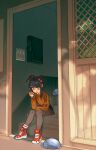  1girl black_hair commentary english_commentary hair_bun hair_ornament hair_tie highres jacket miniskirt noyemik original pantyhose red_eyes short_hair skirt slice_of_life slime_(creature) 