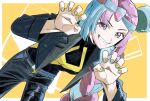  1girl alternate_costume aoki_onigiri black_jacket black_pants black_shirt blue_hair bow-shaped_hair breasts character_hair_ornament denim hair_ornament half-closed_eyes hexagon_print highres iono_(pokemon) jacket jeans leaning_forward long_hair long_sleeves medium_breasts multicolored_hair open_clothes open_jacket pants pink_hair pokemon pokemon_scarlet_and_violet sharp_teeth shirt smile solo split-color_hair teeth v-shaped_eyebrows 