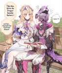  !? 1boy 1girl bare_shoulders bench beret blonde_hair blue_eyes book boots closed_mouth coat confused cross-shaped_pupils detached_sleeves dragon_boy dragon_horns dragon_tail dragon_wings dress durin_(genshin_impact) ear_ornament english_commentary english_text facial_mark feet_out_of_frame fingernails flying_sweatdrops forehead_mark genshin_impact gloves gradient_hair hat heart-shaped_gem highres holding holding_book horns long_hair long_sleeves looking_at_another mandarin_collar medium_hair multicolored_hair nicole_reeyn on_bench open_book open_mouth pants pointing pointing_at_object pointy_ears purple_hair rchella red_nails side-by-side sitting smile symbol-shaped_pupils tail twisted_torso two-sided_horns two-tone_hair very_long_hair white_dress white_gloves white_hat wings 