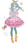  1girl ankle_wings aqua_hair aqua_pantyhose boots checkered_clothes checkered_dress checkered_hat closed_mouth commentary dress expressionless floating_hair four-pointed_star frilled_dress frills full_body googly_eyes green_eyes hair_ornament hat heart high_collar highres holding holding_wand long_hair looking_at_viewer magical_girl mahou_shoujo_madoka_magica mahou_shoujo_madoka_magica_magia_exedra mini_wings monogatari_(series) n37709619 ononoki_yotsugi orange_hat pantyhose parted_bangs pink_dress puffy_short_sleeves puffy_sleeves ribbon short_eyebrows short_sleeves simple_background solo sparkle split_mouth star_(symbol) star_hair_ornament striped_clothes striped_pantyhose twintails untranslatable_commentary wand white_background wings yellow_boots 