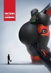  2boys absolute_batman absolute_dc axe back_spikes bat_mask batman batman_(absolute_dc) battle_axe belt big_hero_6 bodysuit bosslogic dc_comics grey_bodysuit gun highres holding holding_gun holding_weapon male_focus mecha multiple_boys robin_(dc) robot superhero_costume utility_belt weapon 