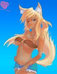  2018 blonde_hair blue_eyes breasts dark_skin eyebrows eyebrows_visible_through_hair fang gradient gradient_background highres liru navel one_eye_closed solo text web_address 