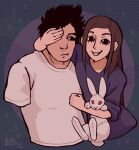  1boy 1girl amputee black_eyes black_hair brown_hair closed_mouth commentary cropped_torso english_commentary eyelashes hand_over_another's_eye holding holding_stuffed_toy kurashiki_akane kyokugen_dasshutsu kyokugen_dasshutsu_adv:_zennin_shibou_desu long_hair purple_shirt sagutoyas shirt short_hair sidelocks sigma_(kyokugen_dasshutsu) smile spoilers stuffed_animal stuffed_rabbit stuffed_toy white_shirt 