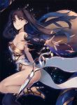  armpits ass bangs bare_shoulders breasts brown_hair closed_mouth crown detached_sleeves eyebrows_visible_through_hair fate/grand_order fate_(series) from_side heavenly_boat_maanna high_heels ishtar_(fate/grand_order) leotard long_hair long_legs long_sleeves looking_at_viewer parted_bangs rean_(r_ean) red_eyes single_thighhigh small_breasts smile solo thighhighs two_side_up 