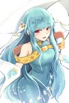  bare_shoulders blue_hair cape dress fire_emblem fire_emblem:_rekka_no_ken fire_emblem_heroes hair_ornament highres long_hair looking_at_viewer mamkute nakabayashi_zun ninian open_mouth red_eyes smile solo 