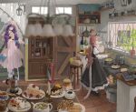  2girls apple bacon basket black_skirt black_vest blue_bow blurry book bottle bow cake cake_slice coffee coffee_maker commentary_request cooking cooking_pot crescent crescent_hat_ornament cup demon_wings depth_of_field dress food food_request fried_egg fruit frying_pan hair_bow hair_ribbon hat hat_ornament head_wings highres honey indoors juliet_sleeves kitchen koakuma long_hair long_sleeves mob_cap multiple_girls open_mouth pancake pancake_stack patchouli_knowledge pie pie_slice pink_dress pink_hat plant plate potted_plant puffy_sleeves purple_bow purple_eyes purple_hair red_hair ribbon saucer shelf shirt skirt skirt_set smile soup stairs tea teacup touhou vest white_ribbon white_shirt wine_bottle wings yunickckck 