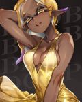  1girl alternate_hairstyle black_background blonde_hair breasts chinese_commentary collarbone colored_eyelashes colored_tips commentary_request dark-skinned_female dark_skin dress earrings evening_gown frye_(splatoon) gold_dress highres hoop_earrings inkling jajanome jewelry large_breasts long_hair looking_at_viewer multicolored_hair parted_lips plunging_neckline pointy_ears purple_hair short_eyebrows smile solo splatoon_(series) splatoon_3 tentacle_hair thick_eyebrows two-tone_hair upper_body very_dark_skin 