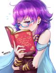  bare_shoulders bespectacled blush book book_focus cape commentary dress embarrassed fire_emblem fire_emblem:_seima_no_kouseki glasses gloves highres holding holding_book ippers lute_(fire_emblem) md5_mismatch open_book purple_eyes purple_hair reading short_hair solo twintails wrist_cuffs 