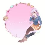  1girl 1other black_cat black_socks cat chibi commentary_request drumsticks food glasses green_eyes hair_tie heaven_burns_red highres izumi_yuki kayamori_ruka looking_at_viewer macaron pancake pancake_stack risai school_uniform skirt socks zettai_ryouiki 