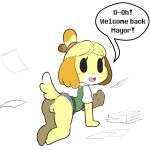  2016 all_fours animal_crossing anthro blush bottomless canine clothed clothing digital_media_(artwork) dog featureless_feet female hairband hi_res isabelle_(animal_crossing) itsunknownanon looking_at_viewer mammal mitten_hands nintendo no_underwear presenting pussy shih_tzu simple_background solo text upskirt video_games 