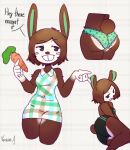 animal_crossing anthro athletic_wear big_teeth blush blush_stickers breasts brown_body brown_fur buckteeth butt butt_shot carmen_(animal_crossing) carrot clothing collared_dress dialogue female food frilly frilly_clothing frilly_panties frilly_underwear fur hi_res holding_food holding_object lagomorph leporid lying mammal multiple_poses navel_outline nintendo on_side panties pattern_background plant pose rabbit simple_background sleeveless_dress solo tail teeth underwear vegetable verashaabrthy
