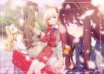  10ttruck 4girls black_bow blonde_hair blue_eyes blurry blurry_background bow brown_hair brown_pants buttons cherry_blossoms dango eating falling_petals flower_symbol food foreshortening green_shirt hairband half_updo highres holding holding_food inoue_takina inset_border jacket kurumi_(lycoris_recoil) leaning_back long_hair long_sleeves lycoris_recoil medium_hair mitarashi_dango multiple_girls nakahara_mizuki nishikigi_chisato pants petals pleated_skirt purple_eyes purple_shirt red-framed_eyewear red_bow red_eyes red_jacket shirt sitting skirt smile teeth wagashi white_jacket 