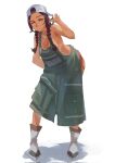  1girl amaruru0723 apron arm_behind_back backwards_hat baseball_cap boots braid brown_hair closed_mouth commentary_request corrupted_twitter_file dark-skinned_female dark_skin eyelashes full_body green_apron grey_boots grey_hat gundam gundam:_hathaway's_flash hat highres holding_strap julia_suga long_hair no_shirt orange_eyes red_shorts shorts simple_background solo standing tan tanlines twin_braids twintails white_background 