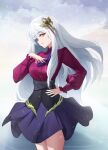  1girl absurdres ascot belt collared_shirt fate/strange_fake fate_(series) fillia_(fate) hair_ornament high-waist_skirt highres iceapple_(kfew4755) long_hair long_sleeves o-ring o-ring_belt open_mouth puffy_sleeves purple_ascot red_eyes shirt shirt_tucked_in simple_background skirt solo white_hair 