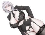  1girl absurdres alternate_breast_size_(larger) alternate_costume arknights between_breasts black_bra black_garter_straps black_jacket black_necktie black_panties black_thighhighs bra breasts clothes_between_breasts commentary_request cowboy_shot dutch_angle eyes_visible_through_hair female_pubic_hair frilled_bra frills garter_straps gladiia_(arknights) glasses grey_hair hair_over_one_eye hand_on_own_hip highres huge_breasts jacket lace-trimmed_thighhighs lace_trim linea_alba long_sleeves looking_at_viewer necktie necktie_between_breasts panties parted_bangs parted_lips partially_unbuttoned pointy_ears pubic_hair pussy pussy_cutout red_eyes simple_background skindentation solo thighhighs underwear white_background yat_(tsmn7245) 