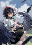  1girl absurdres bird_wings black_hair black_wings blue_sky cloud commentary day feathered_wings food fossilized_wonders frilled_skirt frills gohei hat highres holding holding_food holding_gohei holding_popsicle looking_at_viewer open_mouth orange_eyes outdoors pom_pom_(clothes) popsicle rainbow red_hat shameimaru_aya skirt sky smile solo tokin_hat touhou wings yunickckck 