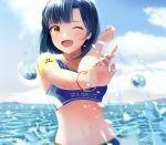  ;d bangle bangs bikini blue_hair blurry blush bracelet cloud cloudy_sky commentary_request day depth_of_field highres hinoshita_akame idolmaster idolmaster_million_live! idolmaster_million_live!_theater_days jewelry nanao_yuriko navel ocean one_eye_closed open_mouth outdoors short_hair sky smile solo splashing swimsuit upper_body water wet yellow_eyes 