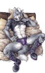  bed black_shirt boots briefs bulge canine clothed clothing clothing_lift collar footwear harness male mammal neverwolf nintendo pillow purple_underwear shirt shirt_lift spiked_collar spikes star_fox t-shirt underwear video_games wolf wolf_o&#039;donnell 