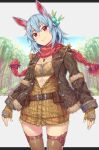  :} animal_ears aran_sweater bandeau bangs belt belt_buckle belt_pouch blue_hair blue_sky breasts brown_belt brown_gloves brown_jacket brown_legwear buckle buttons cardigan carrot_necklace closed_mouth commentary fang fang_out feathers fingerless_gloves fur-trimmed_jacket fur_trim gloves grass green_feathers hair_between_eyes hair_feathers hair_ornament head_tilt highres jacket jewelry komase_(jkp423) legs_apart letterboxed long_sleeves looking_at_viewer medium_hair necklace open_clothes open_jacket original partially_unbuttoned pom_pom_(clothes) pouch red_eyes red_scarf scarf shiny shiny_hair short_eyebrows sidelocks sky small_breasts smile solo spiked_hair standing sunlight sweater thighhighs tree zipper zipper_pull_tab 