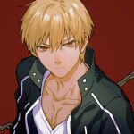  >:( 1boy black_jacket blonde_hair buttons chain closed_mouth collarbone commentary_request cropped_torso fate/stay_night fate_(series) floating_clothes gilgamesh_(fate) gilgamesh_(immoral_biker_jacket)_(fate) gold_chain hair_between_eyes high_collar jacket long_sleeves looking_at_viewer male_focus nunok open_clothes open_jacket red_background red_eyes shirt short_hair simple_background solo t-shirt v-shaped_eyebrows white_shirt 