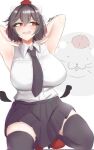  1girl armpits arms_behind_head black_hair black_necktie black_skirt black_thighhighs black_wings blush breasts commentary detached_wings full_body hat highres large_breasts lazyseal looking_to_the_side necktie open_mouth pom_pom_(clothes) red_eyes red_hair red_hat red_shoes seal_(animal) seiza shameimaru_aya shirt shoes short_hair signature simple_background sitting skirt sleeveless sleeveless_shirt solo thighhighs tokin_hat touhou untranslatable_commentary white_background white_shirt wings 