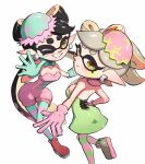 2girls absurdres black_hair bow-shaped_hair callie_(splatoon) callie_(springfest)_(splatoon) earrings easter gloves gonzarez highres inkling jewelry long_hair marie_(splatoon) marie_(springfest)_(splatoon) mole mole_under_eye multicolored_hair multiple_girls open_mouth pantyhose pointy_ears smile splatoon_(series) splatoon_3 symbol-shaped_pupils tentacle_hair thick_eyebrows 