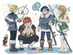  2girls 3boys aged_down anger_vein arguing ascot black_hair blonde_hair blue_ascot blue_capelet blue_eyes blue_pants boots braid brown_boots brown_eyes brown_hair capelet closed_eyes closed_mouth dimitri_alexandre_blaiddyd dimitri_alexandre_blaiddyd_(young) dress edelgard_von_hresvelg edelgard_von_hresvelg_(young) felix_hugo_fraldarius felix_hugo_fraldarius_(young) fire_emblem fire_emblem:_three_houses fire_emblem_heroes fur_trim garreg_mach_monastery_uniform green_dress green_eyes hands_on_own_cheeks hands_on_own_face highres holding holding_polearm holding_stuffed_toy holding_weapon ingrid_brandl_galatea ingrid_brandl_galatea_(chivalrous_heart) knee_boots long_hair long_sleeves multiple_boys multiple_girls nancy_(socl2) official_alternate_costume official_alternate_hairstyle pants pantyhose polearm puff_of_air short_hair smile spoken_anger_vein spoken_object squatting stuffed_animal stuffed_toy sword sylvain_jose_gautier talking teddy_bear time_paradox twin_braids weapon white_boots white_capelet white_pantyhose 