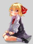  1girl :i ankle_socks black_shoes black_vest blonde_hair blush collared_shirt commentary_request grey_background hands_on_own_legs highres kagume3564 kneeling long_sleeves looking_at_viewer mary_janes necktie pout red_eyes red_necktie rumia shadow shirt shoes skirt socks solo touhou vest white_shirt white_socks 