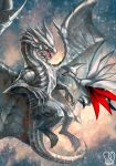  dragon flying gen_2_pokemon highres kushala_daora monster_hunter no_humans pokemon pokemon_(creature) sa-dui signature skarmory snow spread_wings 