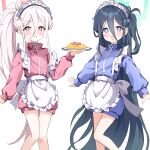  2girls :d antenna_hair apron aris_(blue_archive) black_hair blue_archive blue_bow blue_eyes blue_track_suit blush bow cardcat_00 closed_mouth commentary_request dot_nose facing_viewer food frilled_apron frills green_halo hair_bow halo heart heart_print highres holding holding_plate jersey_maid kei_(blue_archive) kei_(new_body)_(blue_archive) long_hair long_sidelocks long_sleeves looking_at_viewer maid maid_apron maid_headdress multiple_girls omelet omurice open_mouth outstretched_arms pink_bow pink_halo pink_track_suit plate ponytail rectangular_halo red_eyes sidelocks simple_background smile spread_arms standing track_suit unconventional_maid very_long_hair white_background white_hair 