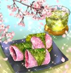 branch cherry_blossoms coaster commentary_request cup drink drinking_glass food food_focus highres kurumiri_ryo mochi no_humans original sakura_mochi sparkle tea wagashi 
