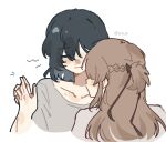  2girls axue0w0 black_hair blush braid brown_hair closed_eyes closed_mouth commentary grey_shirt half_up_braid highres holding_hands long_hair medium_hair miyagi_shiori multiple_girls sendai_hazuki shirt shuuniichido_classmate_wo_kau_hanashi simple_background sweat twitter_username white_background yuri 