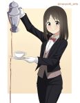  1girl artist_name azumanga_daioh black_jacket black_pants bow bowtie brown_eyes brown_hair butler commentary cup decantering english_commentary failure female_butler highres holding holding_teapot jacket kasuga_ayumu long_hair looking_at_viewer naoyuki_arts pants pouring red_bow red_bowtie saucer shirt smile solo teacup teapot vest white_shirt 