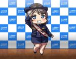  black_footwear blue_eyes blue_jacket blue_neckwear blue_skirt blush checkered checkered_wall chibi commentary_request female_service_cap grey_hair grin hat jacket long_sleeves looking_at_viewer love_live! love_live!_sunshine!! necktie pencil_skirt police police_hat police_uniform policewoman reflective_floor saitou_shuka salute sash seiyuu_connection short_hair skirt smile sofmap_background solo standing step_and_repeat tile_floor tiles uniform usamaru67pi watanabe_you 