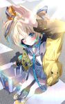  1girl appare_hinata blush bow bowtie commentary_request highres jacket multicolored_eyes multicolored_hair one_eye_closed outerrace_ik rolling_suitcase sailor_collar school_uniform short_hair smile suitcase sunlight thighhighs virtual_youtuber weather_planet white_thighhighs 