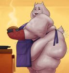  2026 anthro apron apron_only belly big_belly big_butt boss_monster_(undertale) bovid breasts butt caprine clothing eyelashes fat_arms fat_legs female floppy_ears food fur goat handwear heavenkahell hi_res holding_food holding_object holding_pie horn kitchen mammal mature_anthro mature_female motion_lines obese obese_anthro obese_female open_mouth open_smile oven_mitts overweight overweight_anthro overweight_female pastry pie pie_(food) red_eyes scut_tail short_tail smile solo standing tail toriel undertale_(series) white_body white_fur 