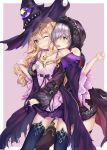  absurdres black_legwear blonde_hair blue_eyes blush brown_eyes cape dorothy_(shingeki_no_bahamut) groping hair_over_one_eye hand_up hat highres jewelry kasoke_no_tsubasa licking multiple_girls necklace purple_background shadowverse shingeki_no_bahamut silver_hair standing thighhighs wide_sleeves witch witch_hat wizardess_of_oz yuri 