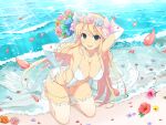  1girl :d arm_behind_head beach blonde_hair blue_flower blue_rose blush body_blush bouquet bow breasts bridal_swimsuit bridal_veil bride cleavage collarbone day elbow_gloves flower flower_wreath game_cg gloves green_eyes hair_between_eyes hair_bow hand_on_own_hip head_wreath heart_pendant hibiscus high_heels holding holding_bouquet jewelry katsuragi_(senran_kagura) large_breasts leaf light_particles light_rays long_hair looking_at_viewer navel necklace ocean official_alternate_costume official_art open_mouth orange_flower outdoors pearl_anklet pearl_necklace petals pink_bow pink_flower pink_rose purple_flower purple_petals red_flower red_petals rose sand seiza senran_kagura senran_kagura_new_link shiny_skin sitting slingshot_swimsuit smile solo sparkle sunbeam sunlight swimsuit thighhighs veil very_long_hair waist_bow water waves white_gloves white_slingshot_swimsuit white_thighhighs yellow_flower yellow_rose 