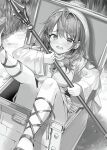  1girl absurdres breasts brooch commentary_request gladiator_sandals greyscale hair_ornament highres holding holding_staff in_container jewelry legs_up looking_at_viewer mariya_mikhailovna_kujou medium_breasts momoko_(momopoco) monochrome novel_illustration official_art open_mouth robe sandals second-party_source solo staff tokidoki_bosotto_roshia-go_de_dereru_tonari_no_alya-san treasure_chest two-handed veil 